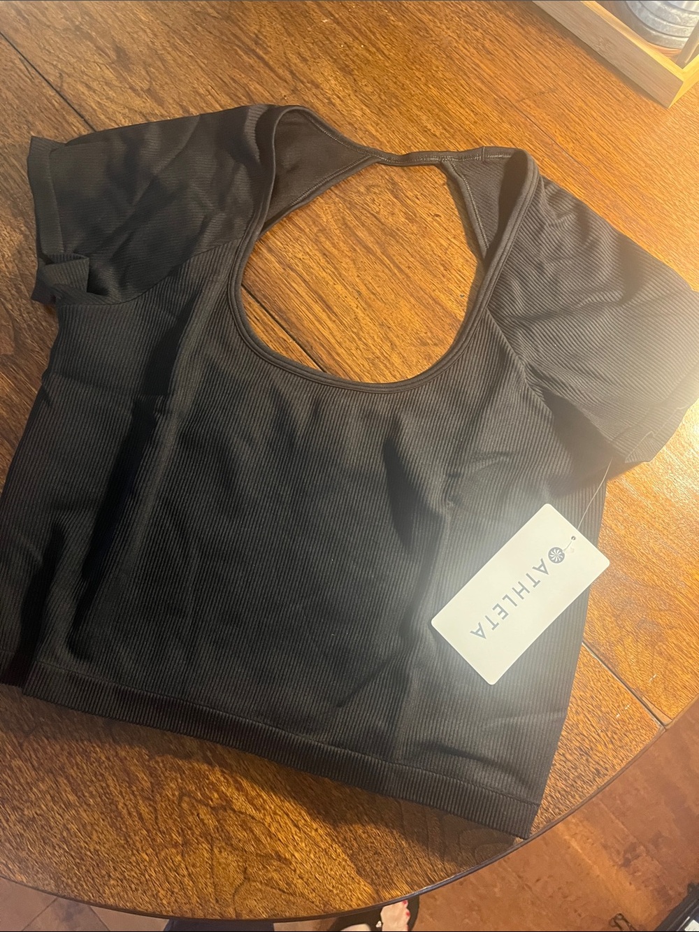 NWT Athleta Black Ribbed Open-Back Short Sleeve Crop Top